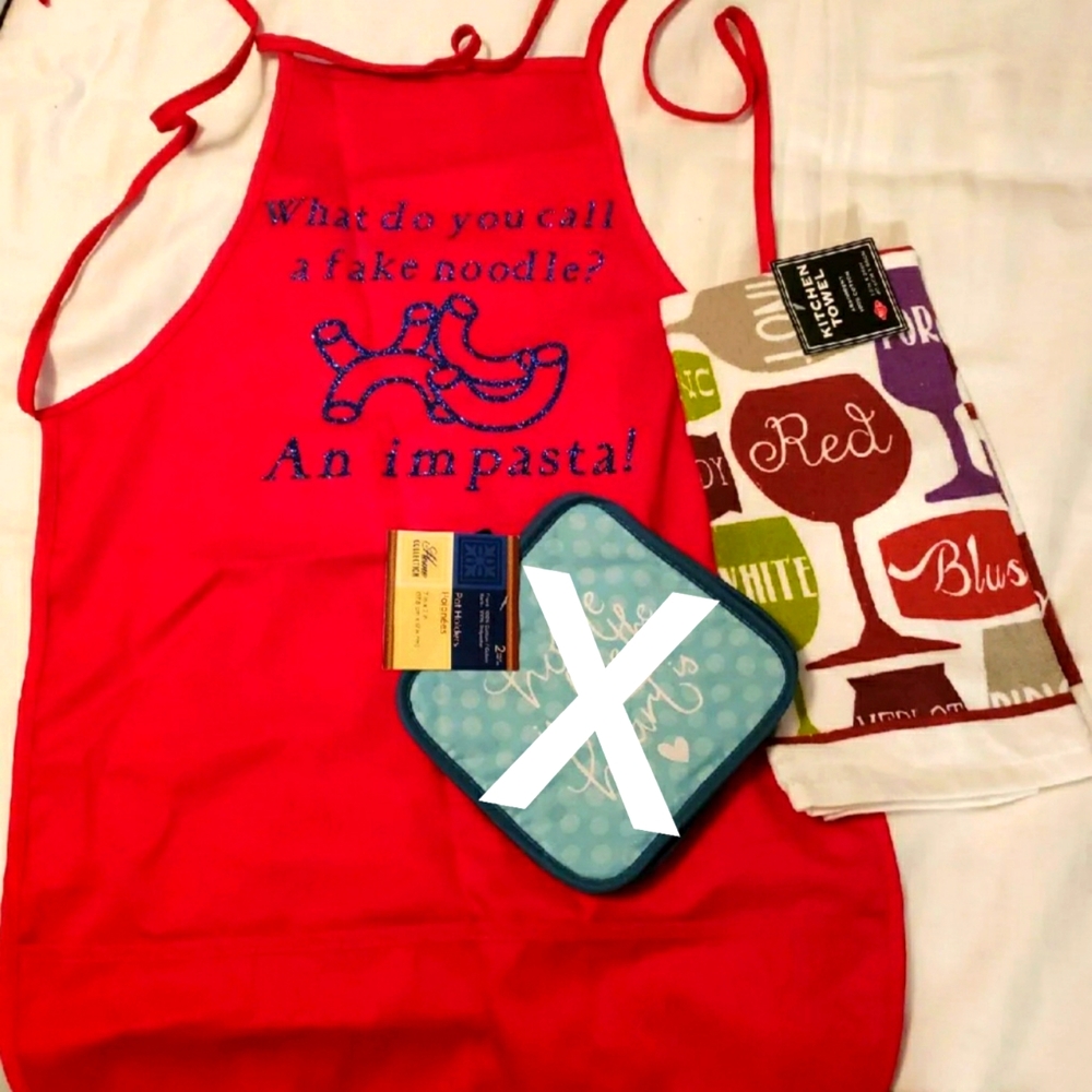 Kitchen red apron with saying "impasta"
